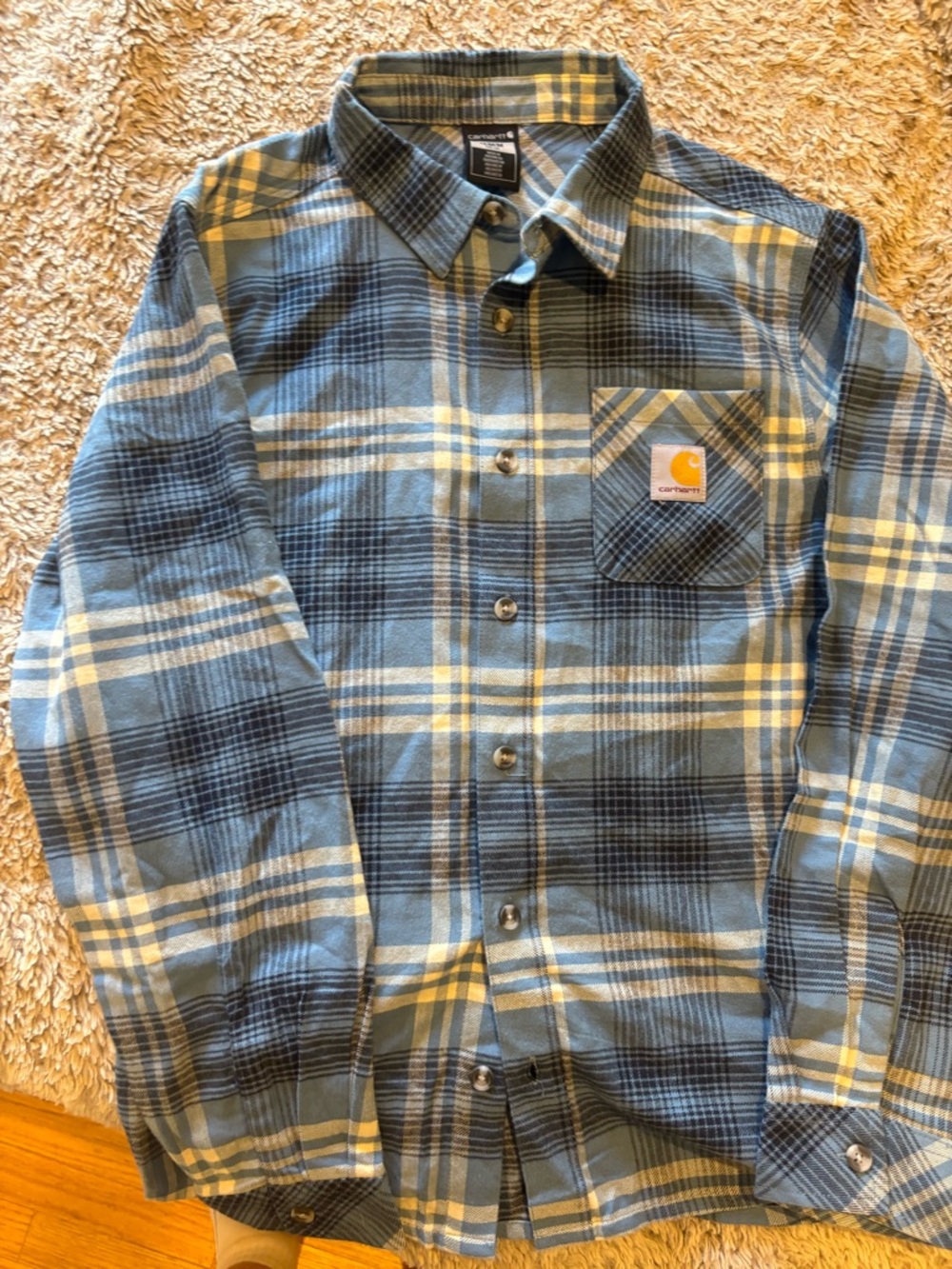Carhartt Flannel Shirt Boys M Blue Plaid TW8204-B Good Long Sleeve Cotton